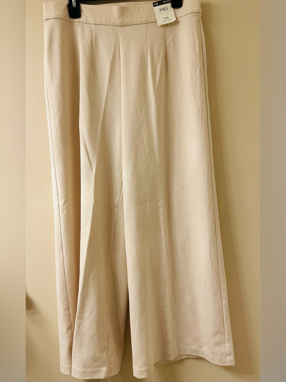 M&S NWT High-Rise Wide-Leg Viscose Rich Pants - Cream - Size 14 Regular